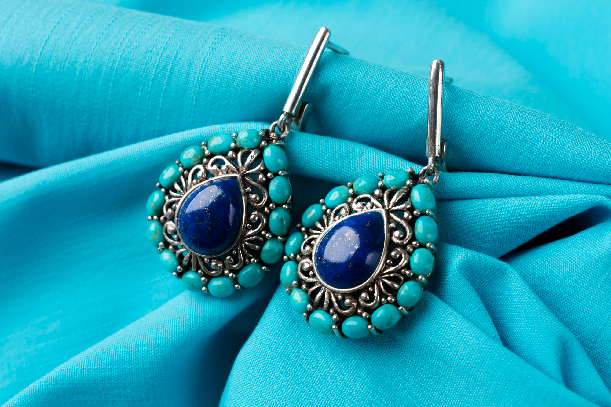 Turquoise and Blue Bohemian Silver Earrings